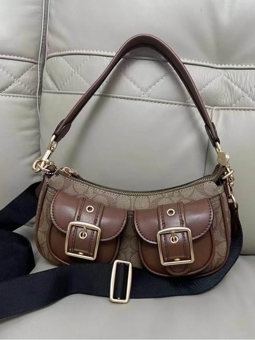 Coach Brown Canvas & Leather Shoulder Bag With Front Buckle Pockets